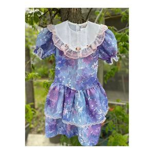 Vintage 80s Princess Party Dress Puff Sleeve Ruffle Collar Lace Rosebuds Waterco